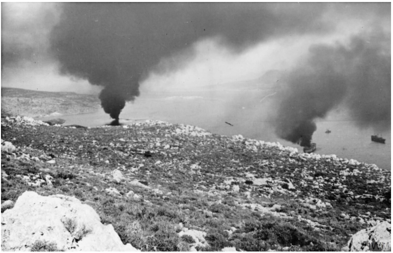 Smoke hanging over the harbour in Souda Bay