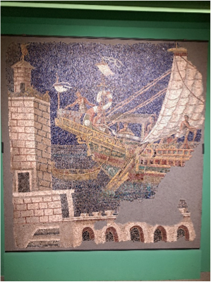 Mosaic of a ship coming into port