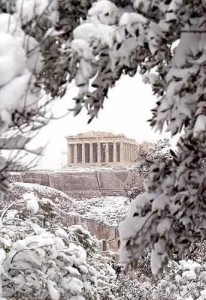 Parthenon in snow